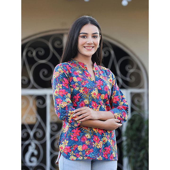 KAAJH Blue Multi-coloured Floral Print Cotton Tunic