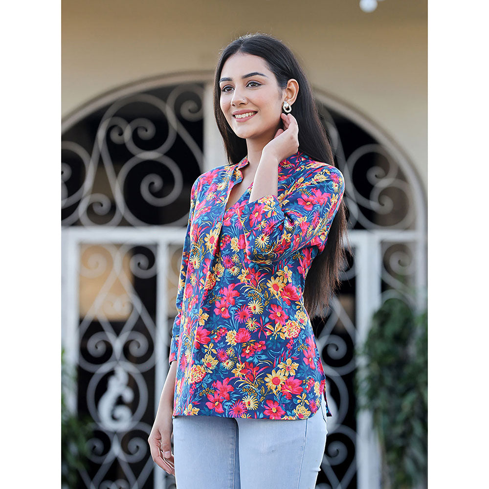 KAAJH Blue Multi-coloured Floral Print Cotton Tunic