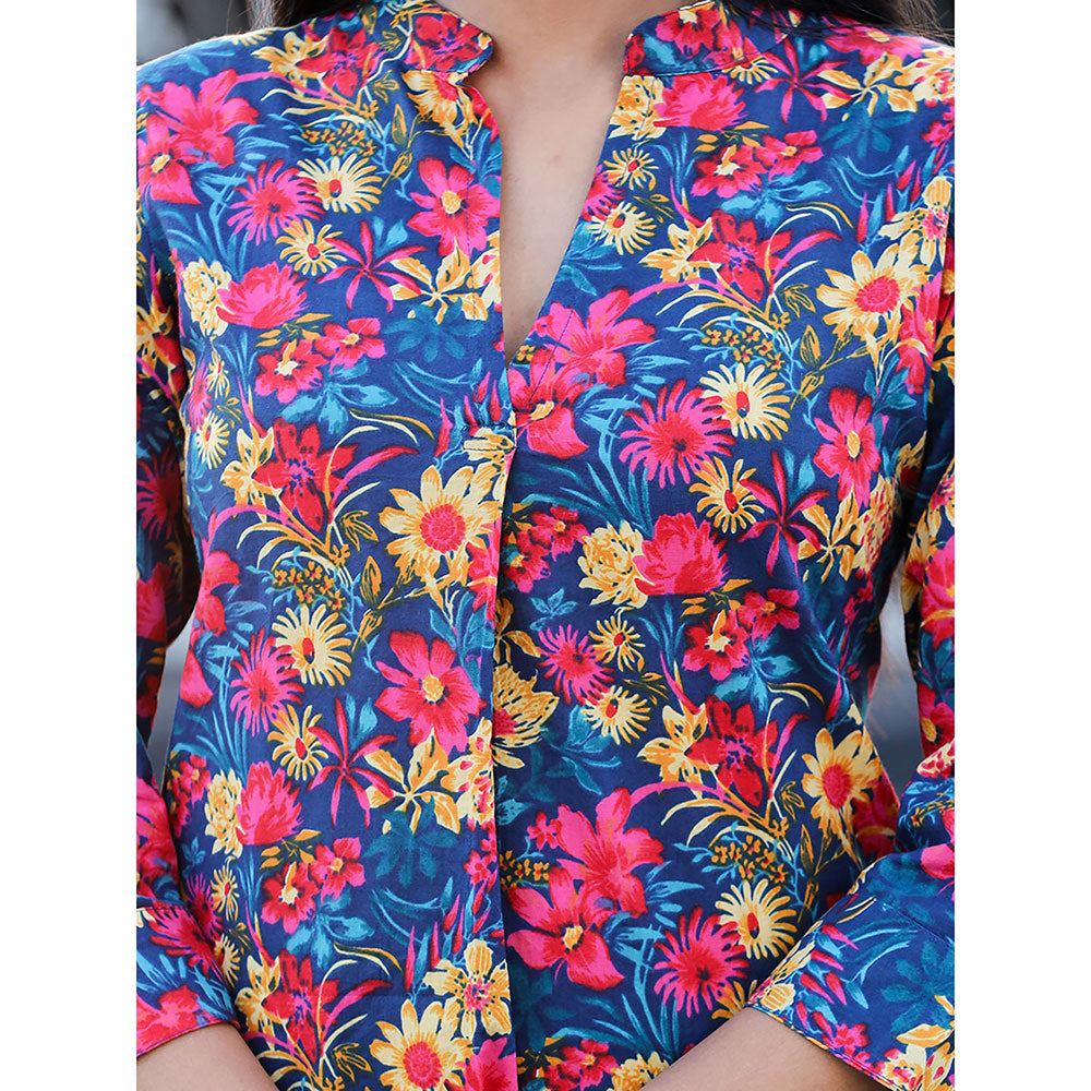 KAAJH Blue Multi-coloured Floral Print Cotton Tunic