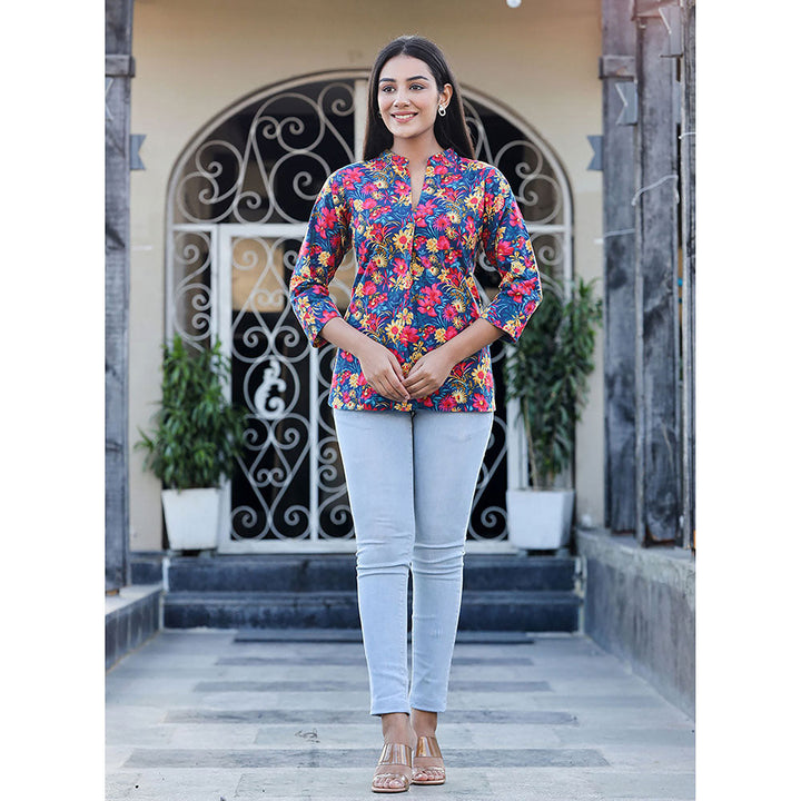 KAAJH Blue Multi-coloured Floral Print Cotton Tunic