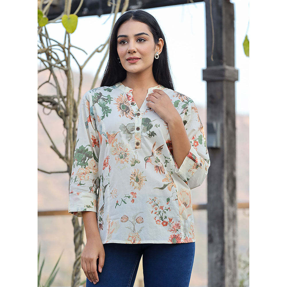 KAAJH Cream Floral Print Cotton Tunic