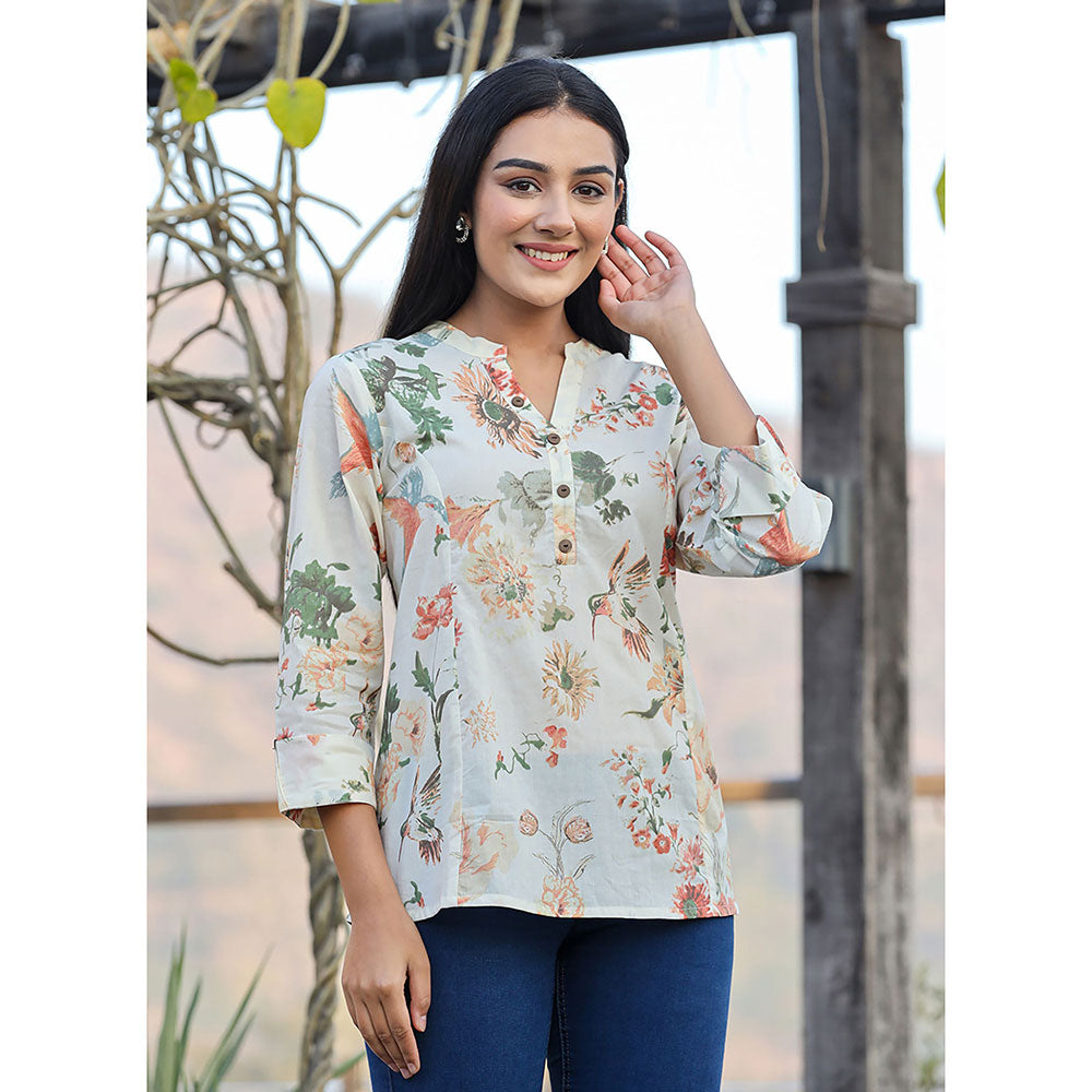 KAAJH Cream Floral Print Cotton Tunic