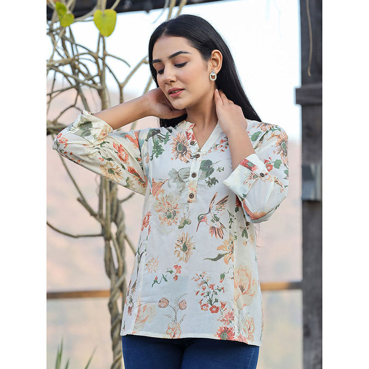 KAAJH Cream Floral Print Cotton Tunic