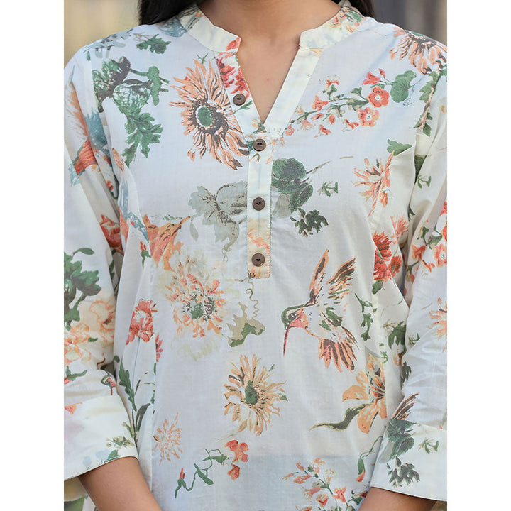 KAAJH Cream Floral Print Cotton Tunic