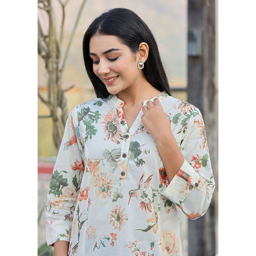 KAAJH Cream Floral Print Cotton Tunic