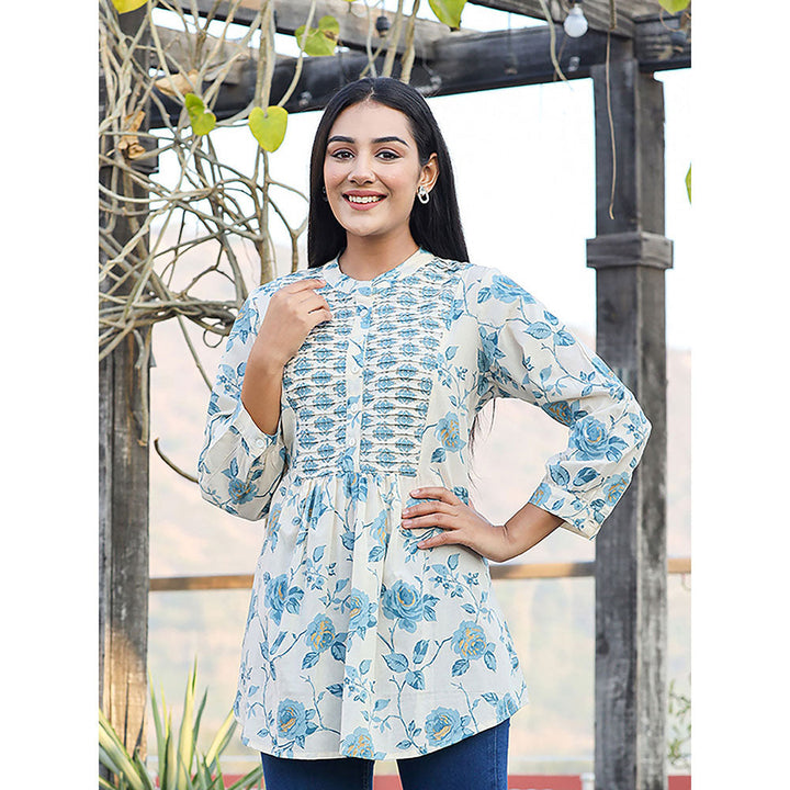 KAAJH Sky Blue Floral Printed Cotton Tunic