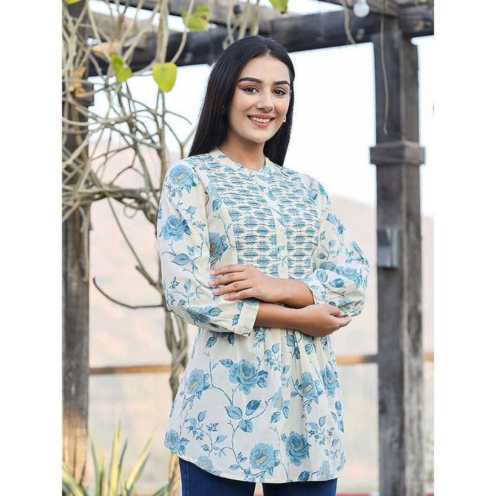 KAAJH Sky Blue Floral Printed Cotton Tunic