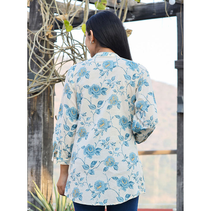 KAAJH Sky Blue Floral Printed Cotton Tunic