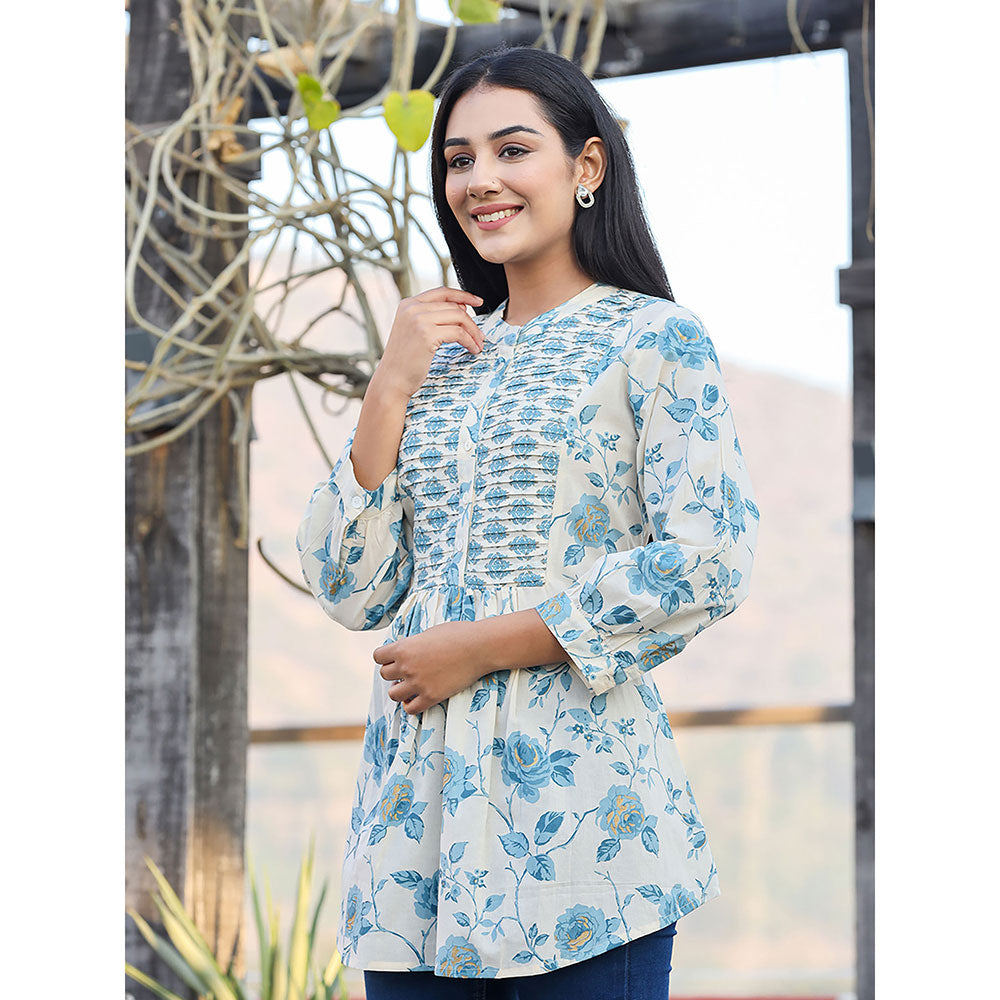 KAAJH Sky Blue Floral Printed Cotton Tunic