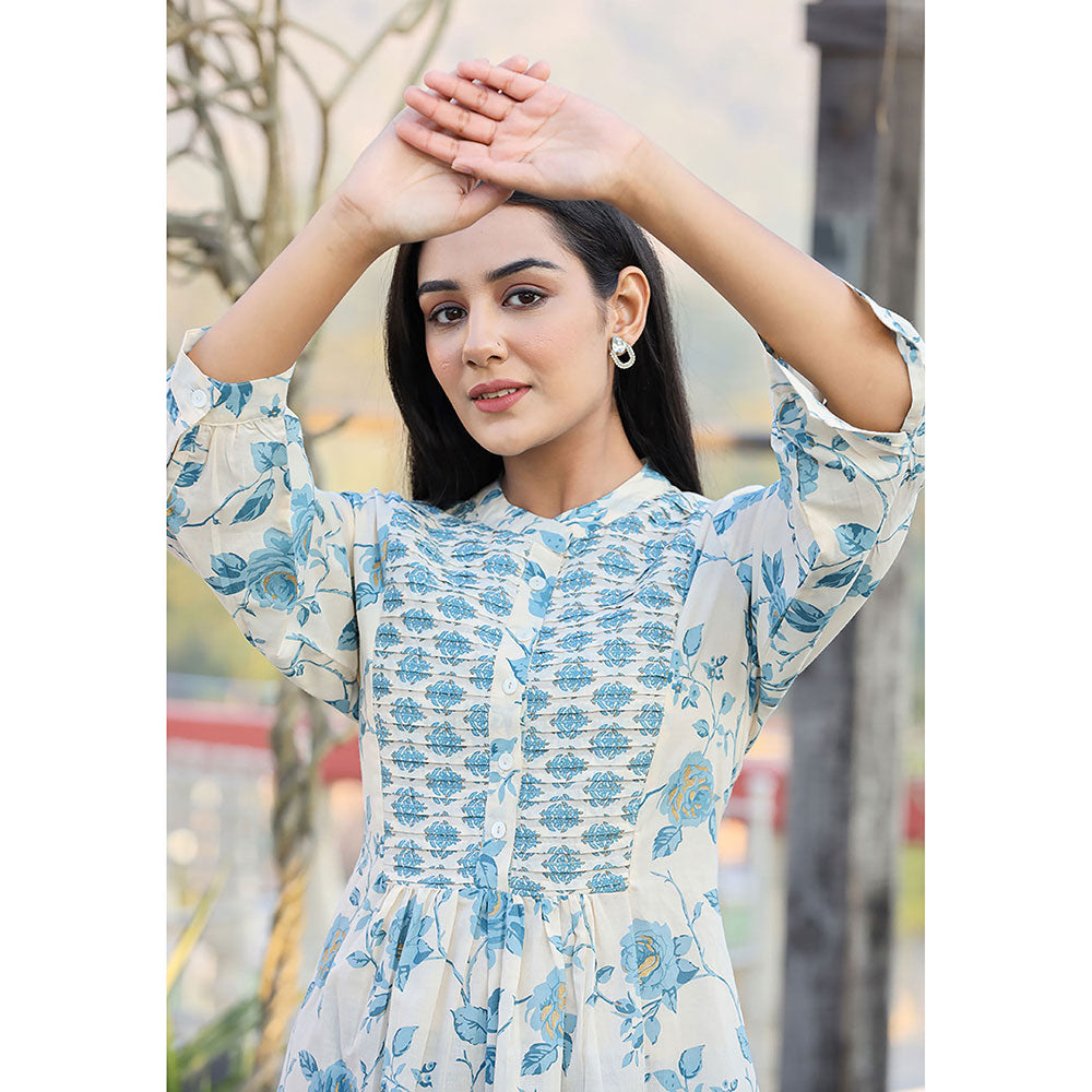 KAAJH Sky Blue Floral Printed Cotton Tunic