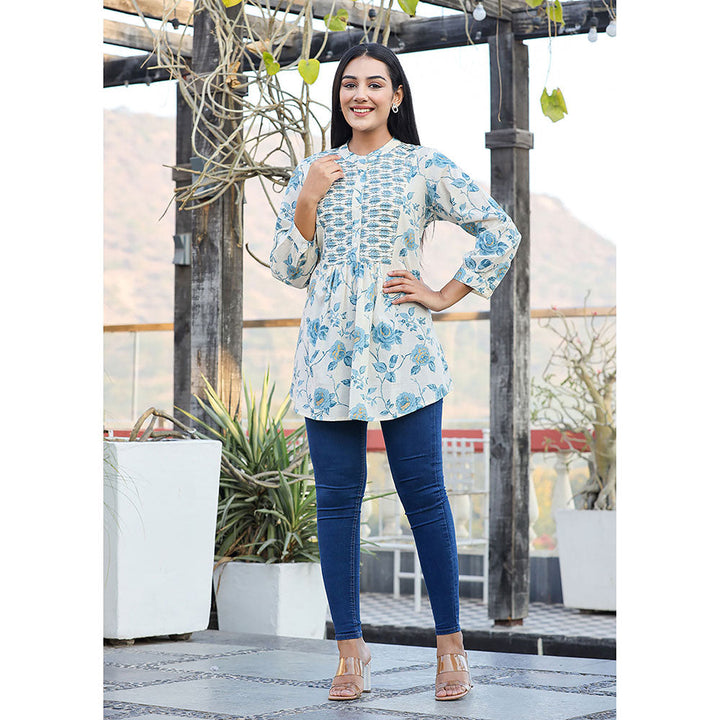 KAAJH Sky Blue Floral Printed Cotton Tunic