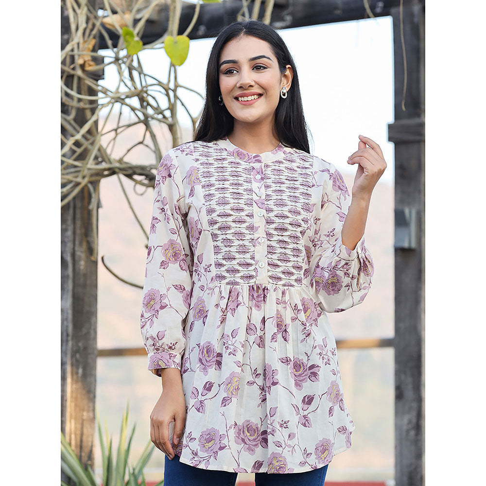 KAAJH Lavender Purple Floral Printed Cotton Tunic