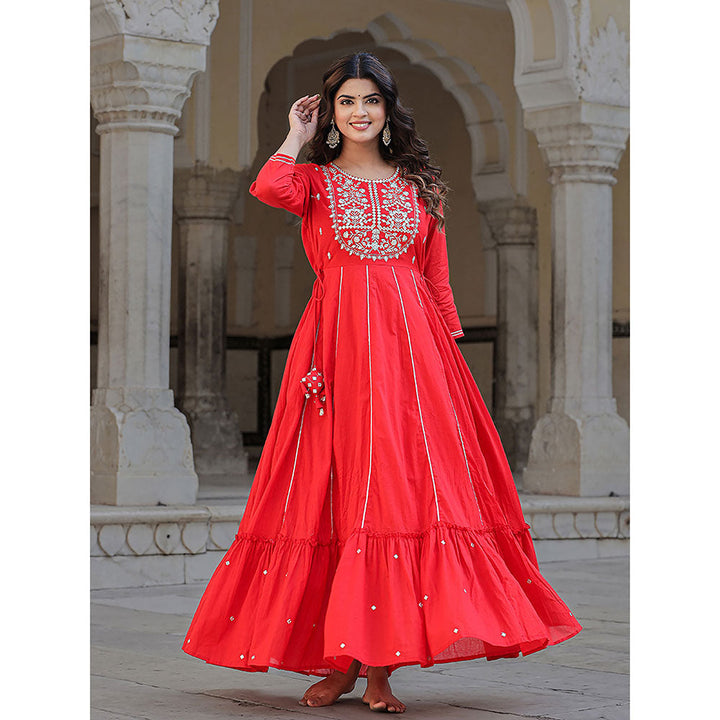 KAAJH Elegant Red Mirror Embellished Cotton Gown