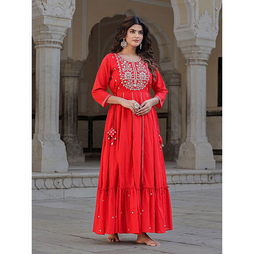 KAAJH Elegant Red Mirror Embellished Cotton Gown