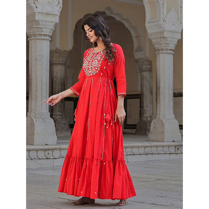 KAAJH Elegant Red Mirror Embellished Cotton Gown