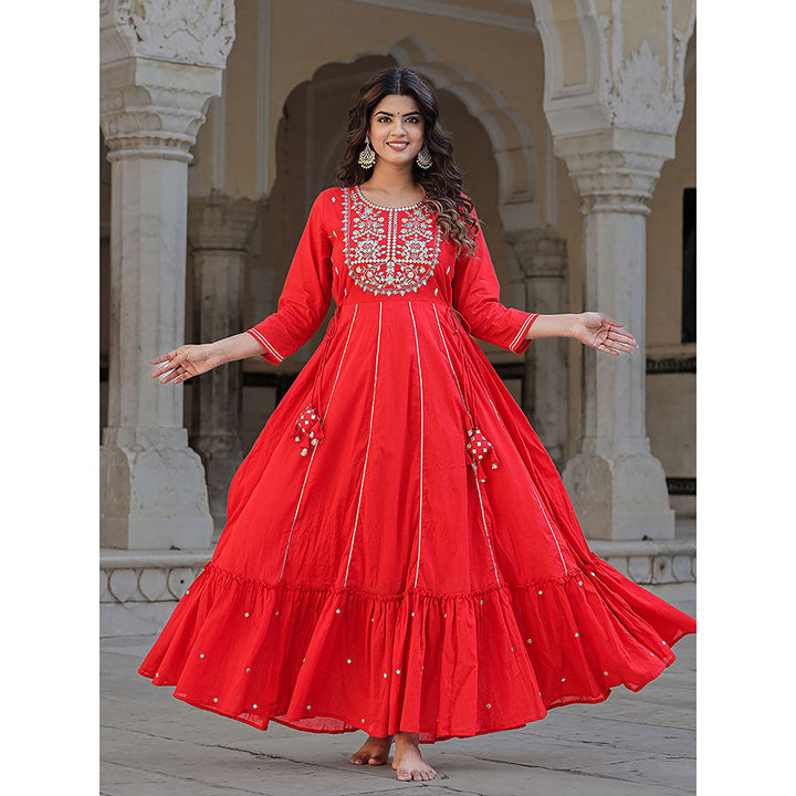 KAAJH Elegant Red Mirror Embellished Cotton Gown