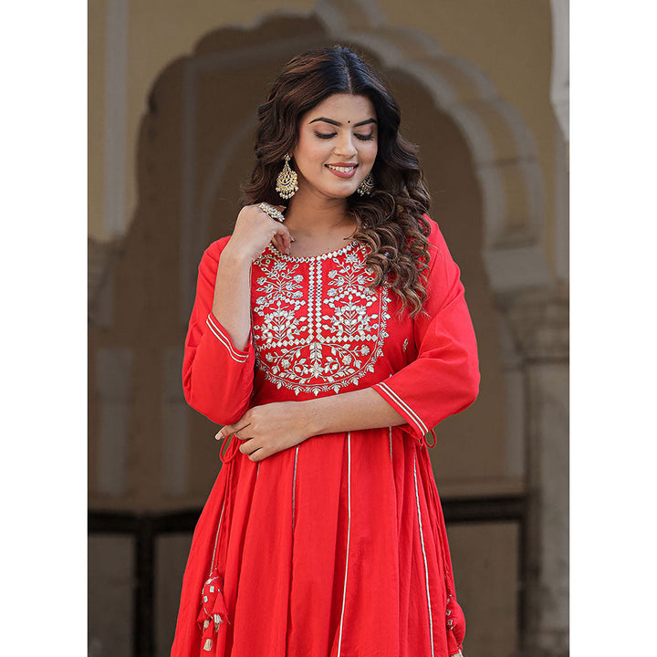 KAAJH Elegant Red Mirror Embellished Cotton Gown