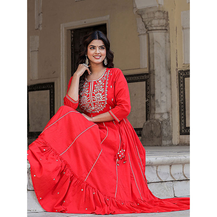 KAAJH Elegant Red Mirror Embellished Cotton Gown