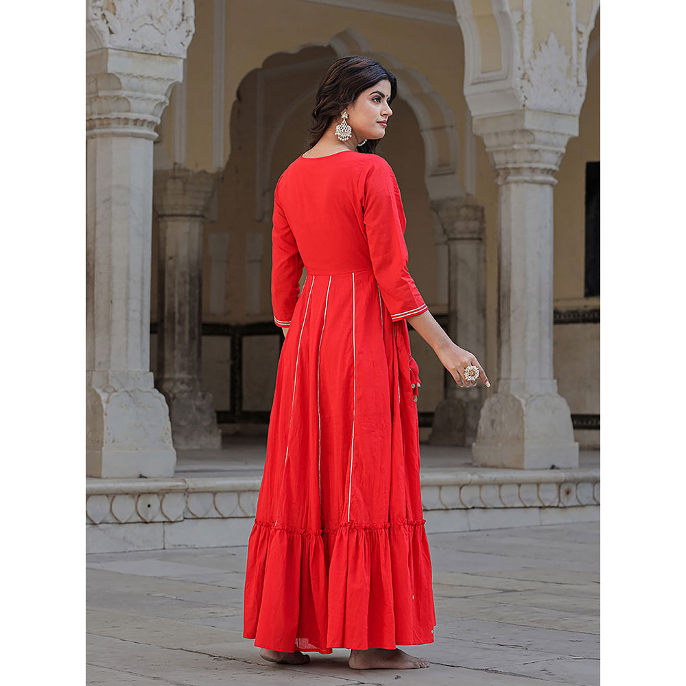 KAAJH Elegant Red Mirror Embellished Cotton Gown