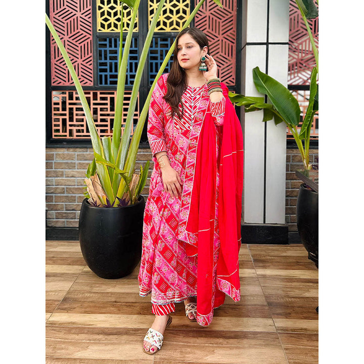 KAAJH Pink Embroidered Cotton Kurta and Pants with Dupatta (Set of 3)