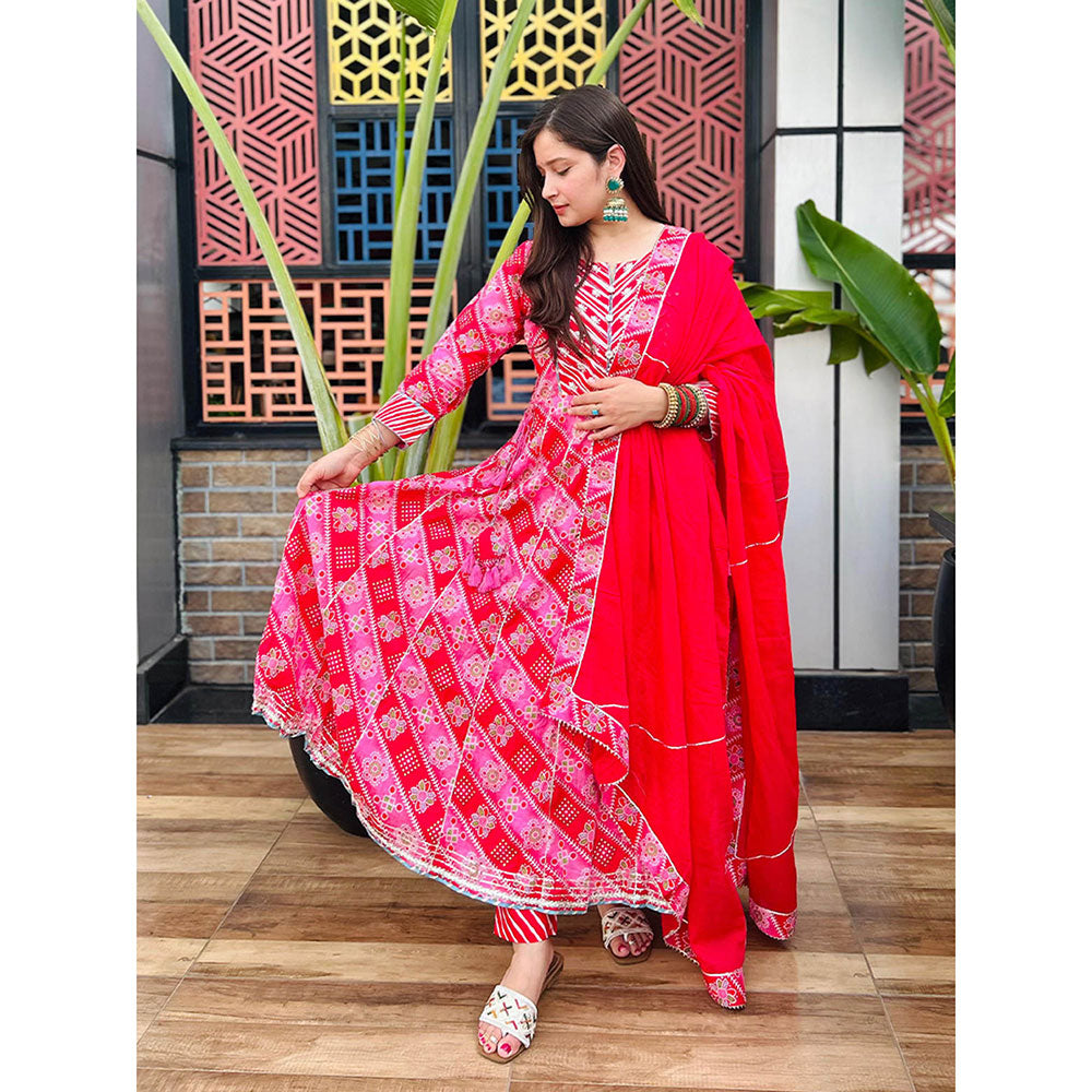 KAAJH Pink Embroidered Cotton Kurta and Pants with Dupatta (Set of 3)