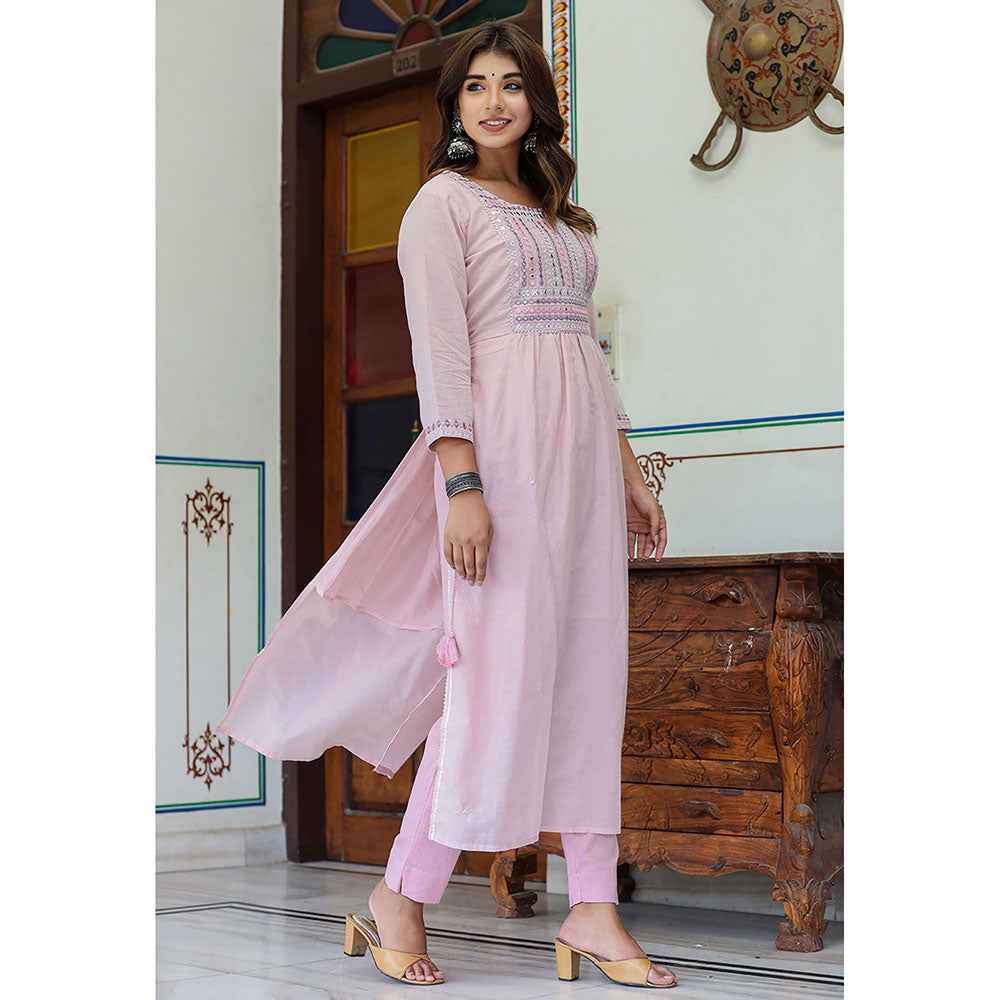 KAAJH Light Pink Embroidered Cotton Kurta and Pants (Set of 2)