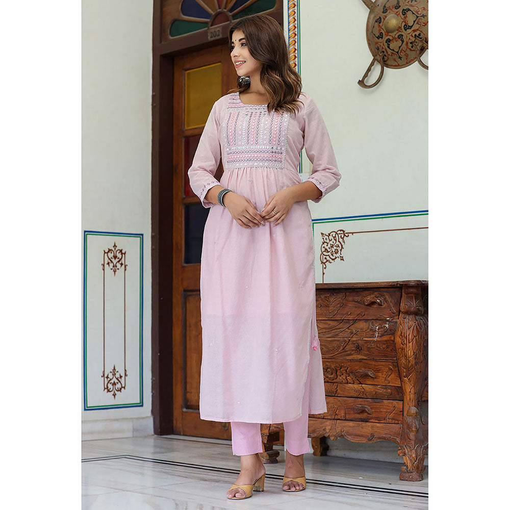 KAAJH Light Pink Embroidered Cotton Kurta and Pants (Set of 2)