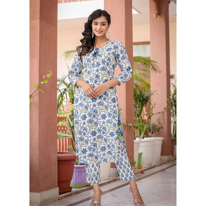 KAAJH White Blue Floral Print Kurta and Pants (Set of 2)