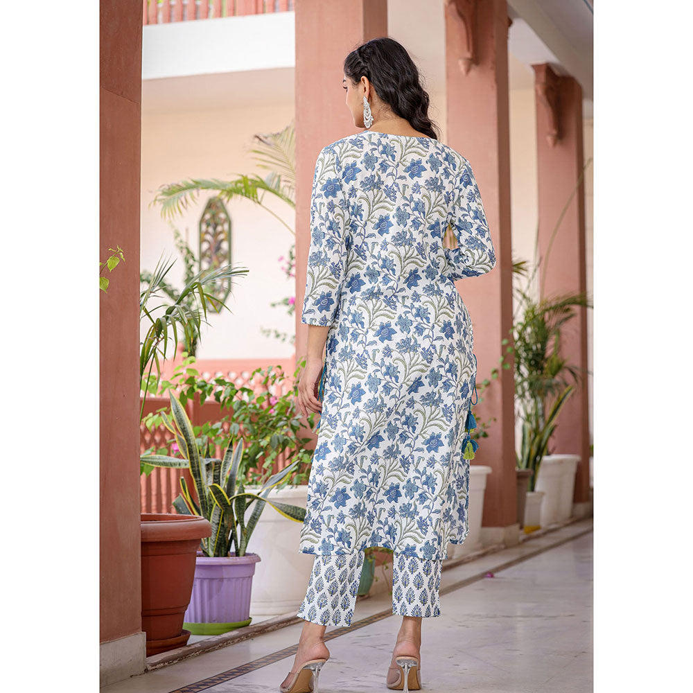 KAAJH White Blue Floral Print Kurta and Pants (Set of 2)