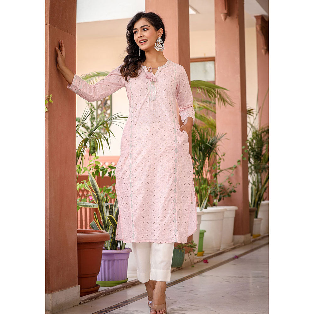 KAAJH Pastel Pink Printed Kurta and Pants (Set of 2)