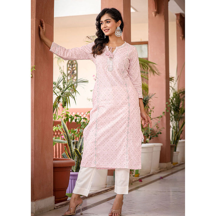 KAAJH Pastel Pink Printed Kurta and Pants (Set of 2)