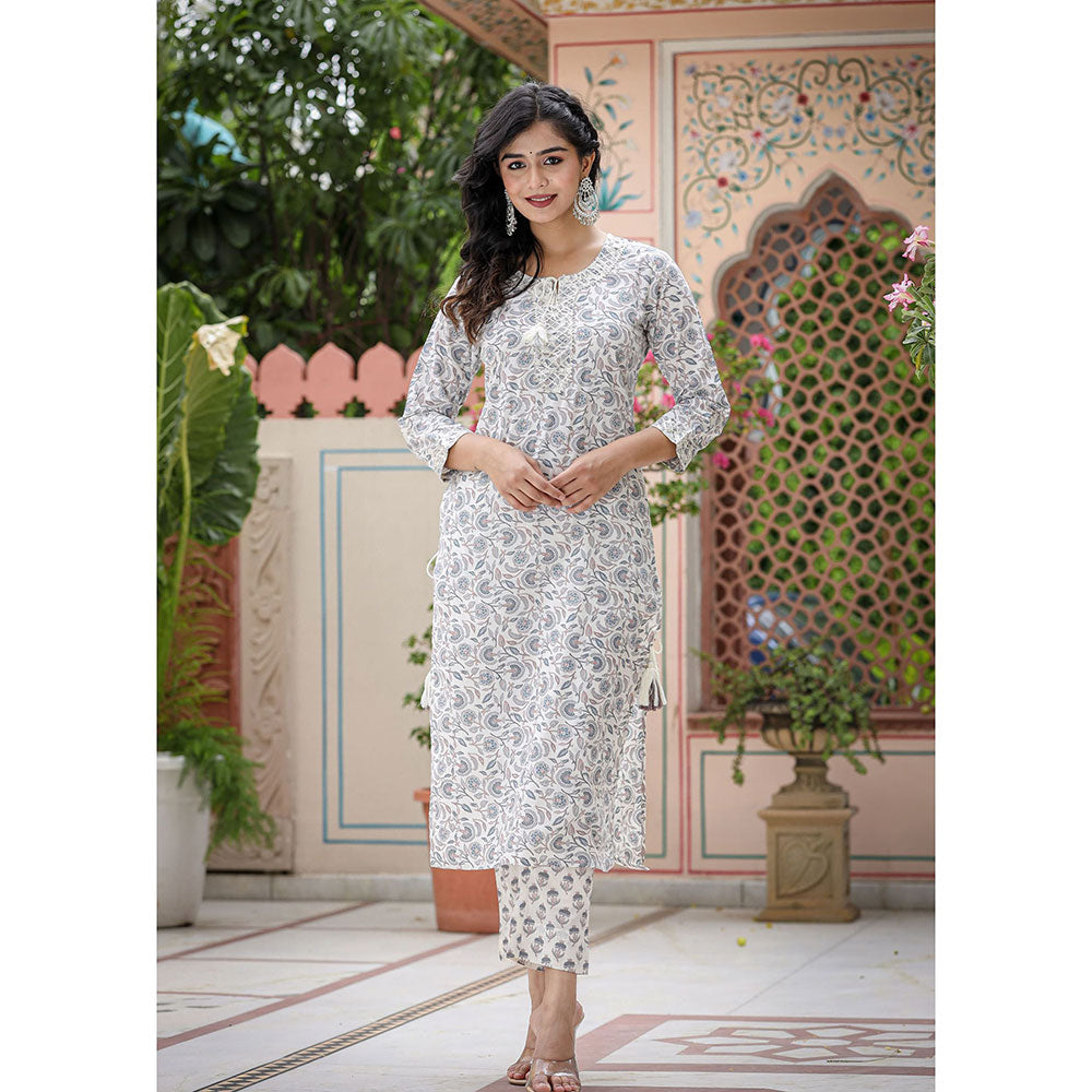 KAAJH White Floral Print Cotton Kurta and Pants (Set of 2)