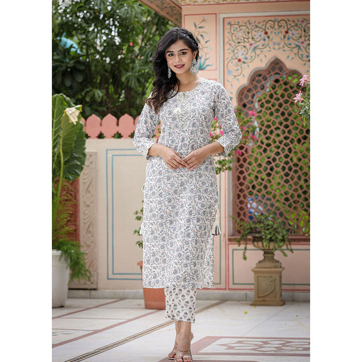 KAAJH White Floral Print Cotton Kurta and Pants (Set of 2)