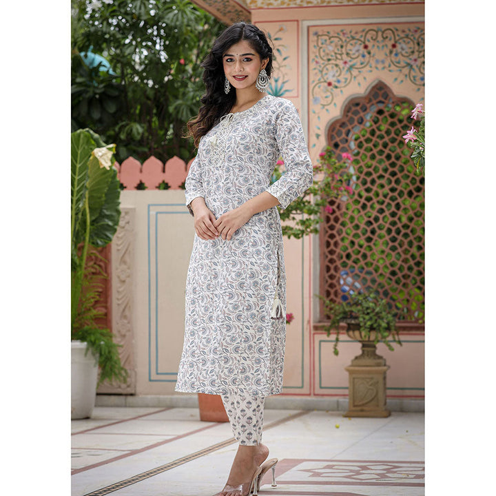 KAAJH White Floral Print Cotton Kurta and Pants (Set of 2)