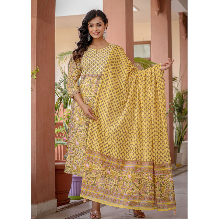 KAAJH Yellow Embroidered Cotton Kurta and Pants with Dupatta (Set of 3)