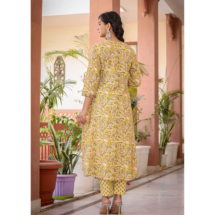 KAAJH Yellow Embroidered Cotton Kurta and Pants with Dupatta (Set of 3)