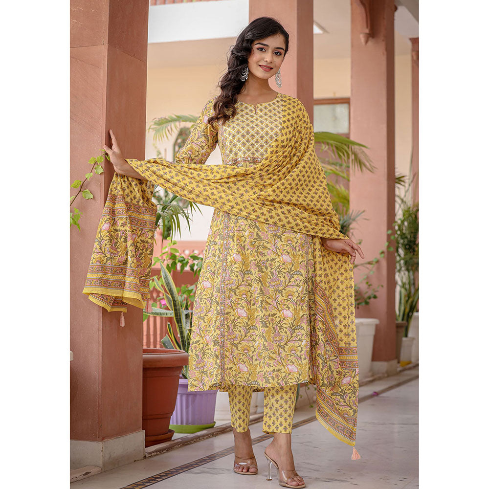 KAAJH Yellow Embroidered Cotton Kurta and Pants with Dupatta (Set of 3)