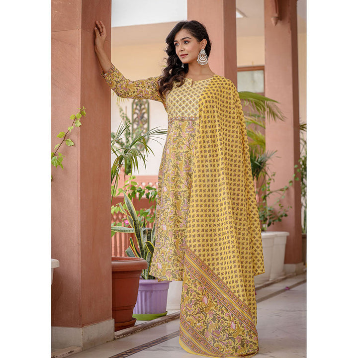 KAAJH Yellow Embroidered Cotton Kurta and Pants with Dupatta (Set of 3)