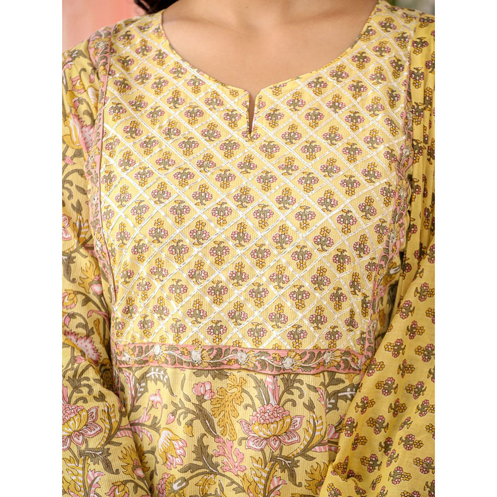 KAAJH Yellow Embroidered Cotton Kurta and Pants with Dupatta (Set of 3)