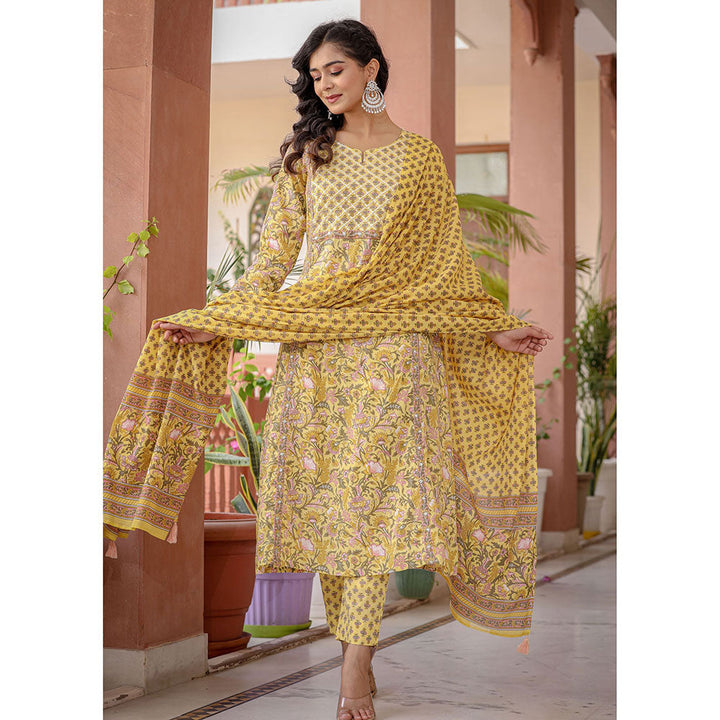 KAAJH Yellow Embroidered Cotton Kurta and Pants with Dupatta (Set of 3)