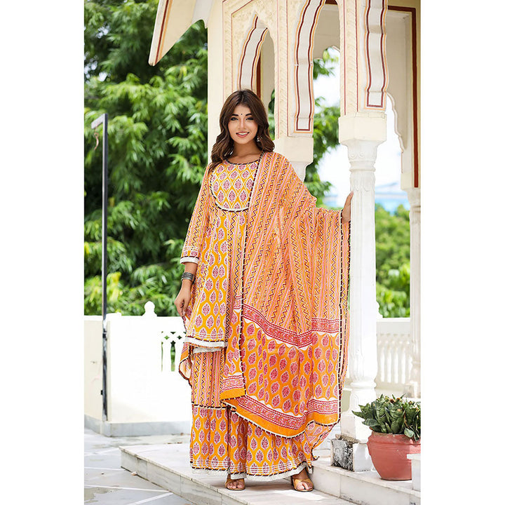 KAAJH Orange Peplum Kurta and Sharara with Dupatta (Set of 3)