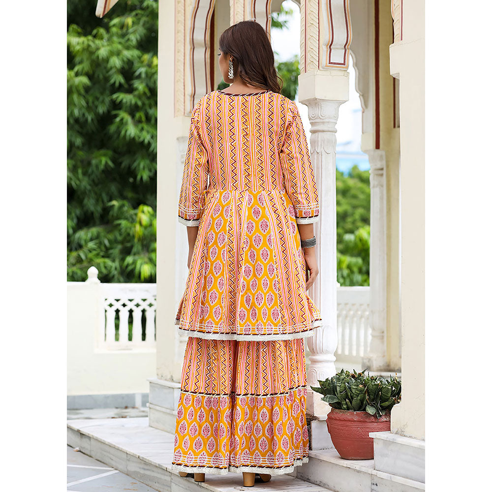 KAAJH Orange Peplum Kurta and Sharara with Dupatta (Set of 3)