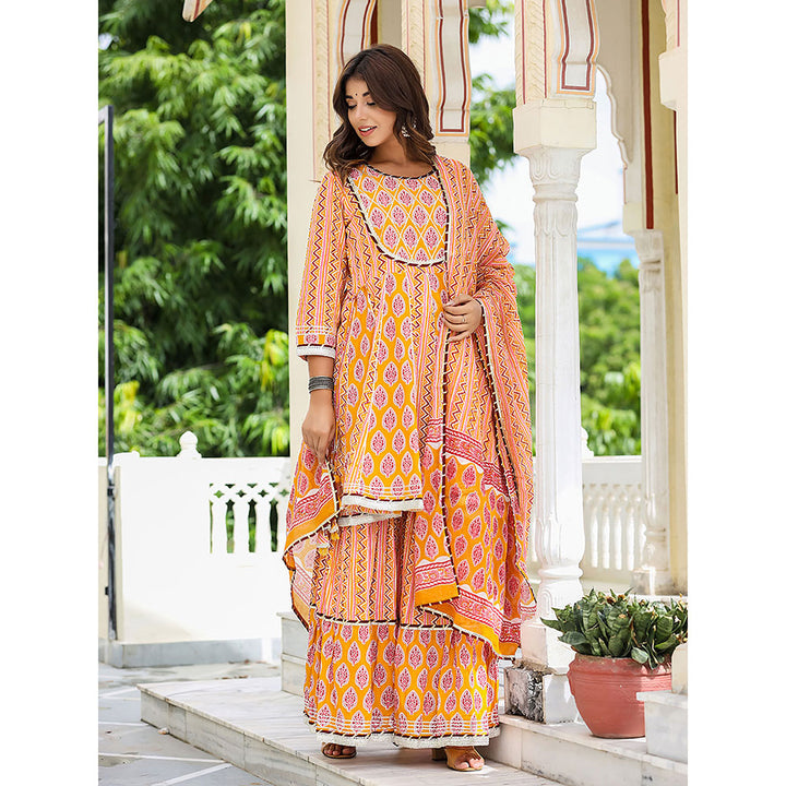 KAAJH Orange Peplum Kurta and Sharara with Dupatta (Set of 3)