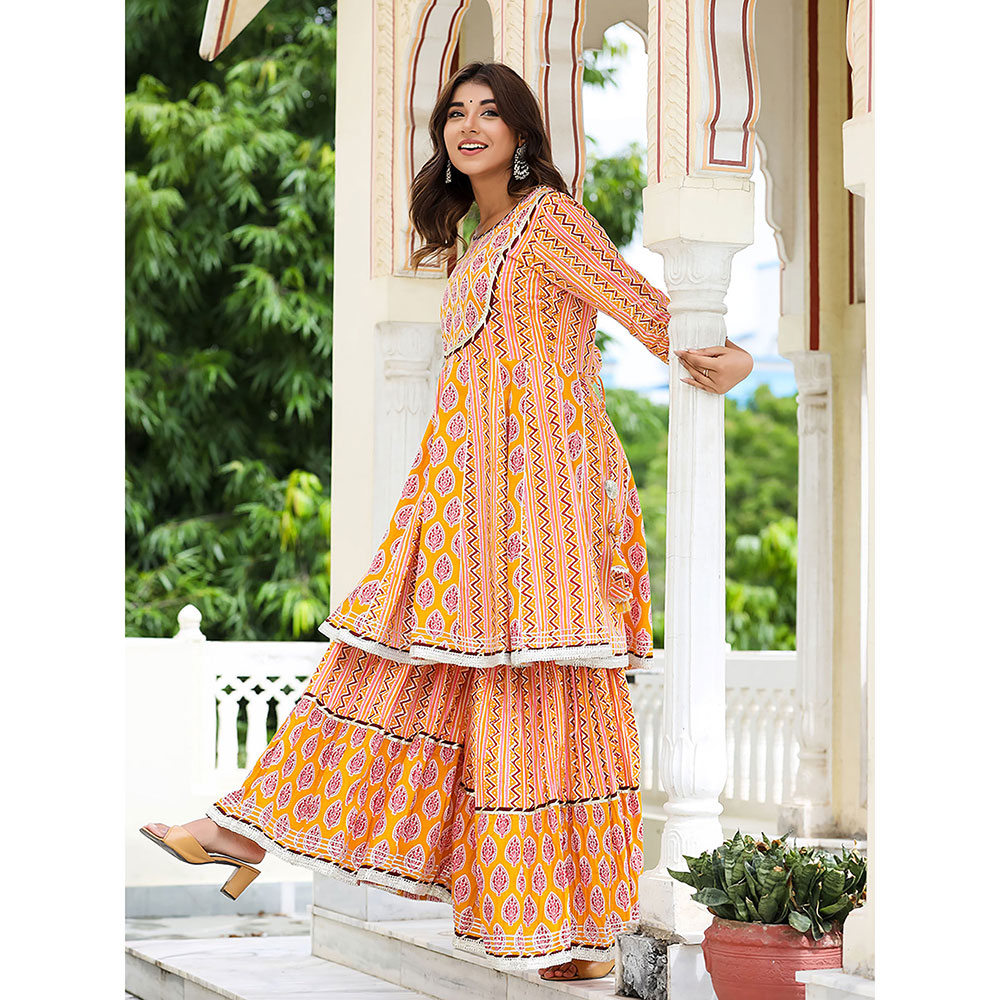 KAAJH Orange Peplum Kurta and Sharara with Dupatta (Set of 3)