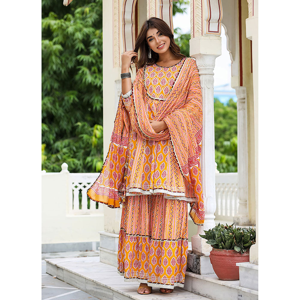 KAAJH Orange Peplum Kurta and Sharara with Dupatta (Set of 3)