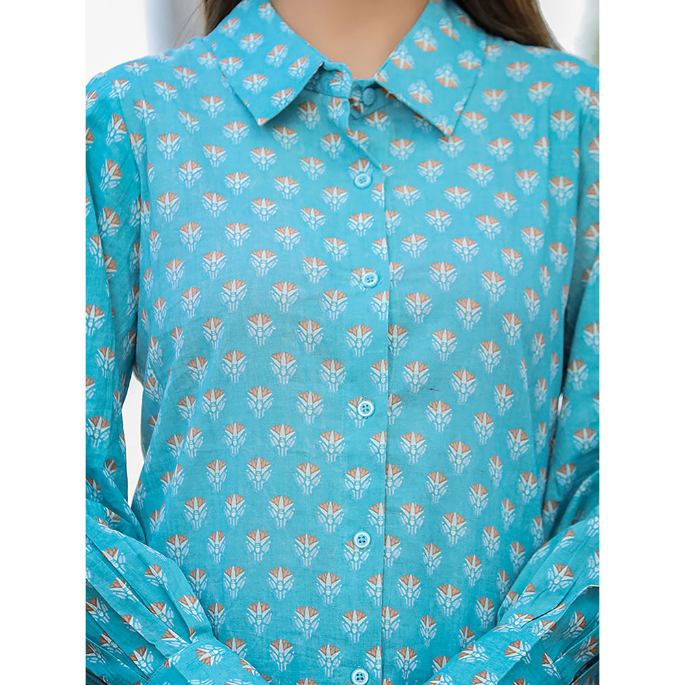 KAAJH Sky Blue Printed Cotton Kurta and Pants (Set of 2)