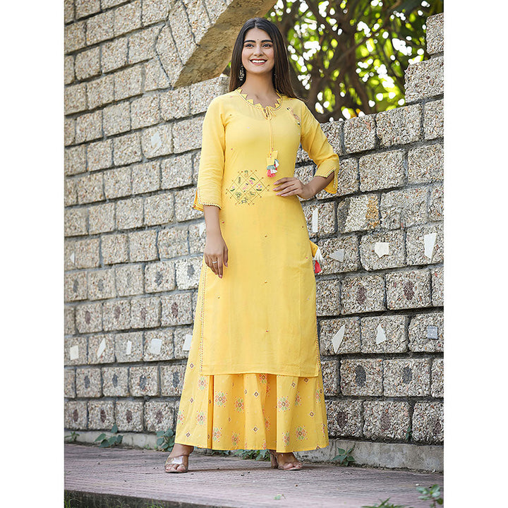 KAAJH Yellow Cotton Embroidered Kurta and Sharara (Set of 2)