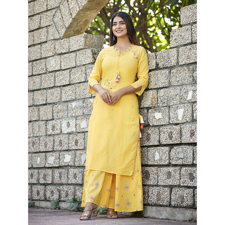 KAAJH Yellow Cotton Embroidered Kurta and Sharara (Set of 2)