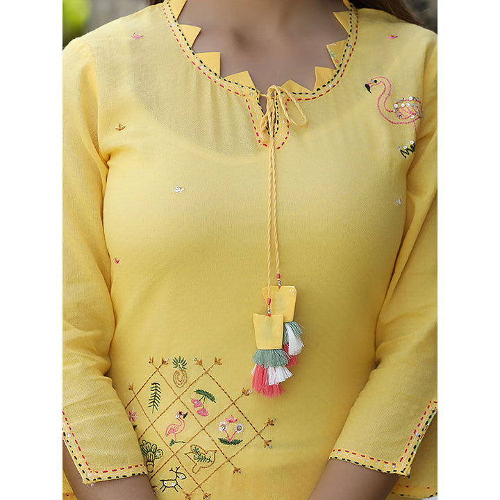 KAAJH Yellow Cotton Embroidered Kurta and Sharara (Set of 2)