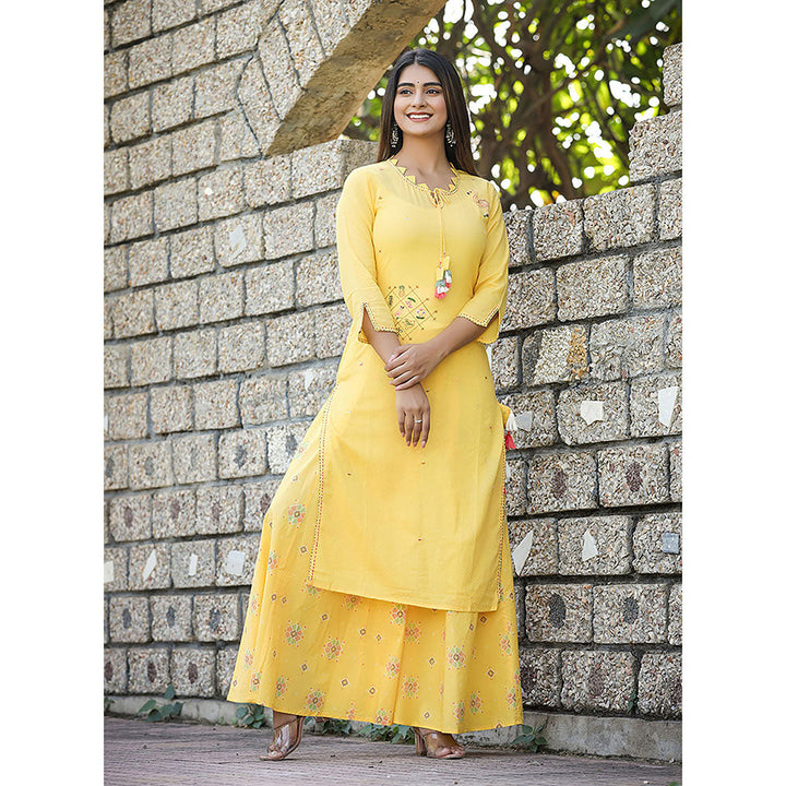 KAAJH Yellow Cotton Embroidered Kurta and Sharara (Set of 2)